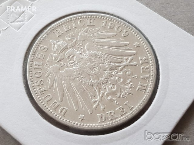 3 марки 1909 F Вюртемберг Германия Рядка Сребърна монета, снимка 4 - Нумизматика и бонистика - 20740368