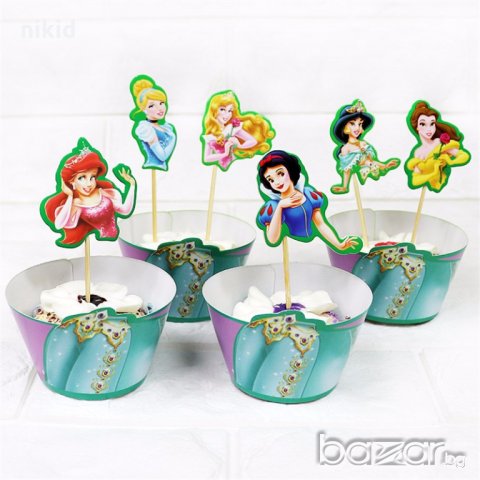 6 принцеси глави рокля кошнички 12 бр украса декорация за мъфини кексчета парти