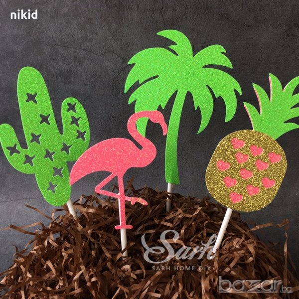 4 бр Ананас Фламинго Палма Кактус брокатени топери клечки декорация за парти коктейл торта сладолед , снимка 1