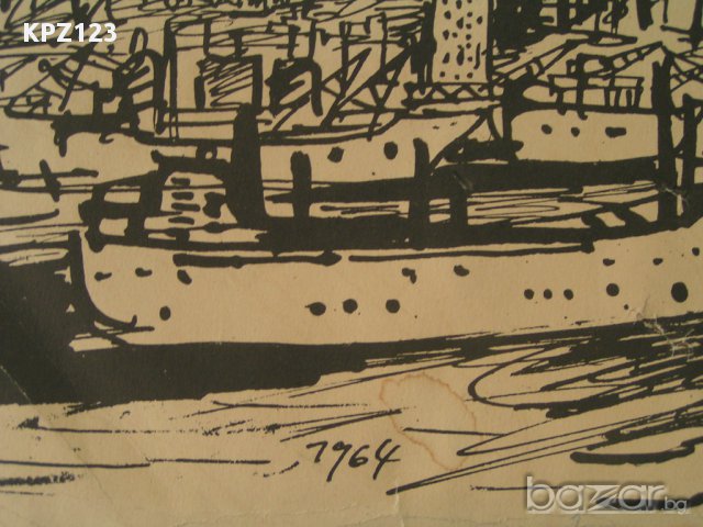 Рисунка на река с кораби, туш върху картон, снимка 3 - Картини - 14589727