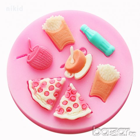 fast food храна пица чипс кафе сок силиконов молд декорация украса фондан торта мъфини и др, снимка 2 - Форми - 17966755