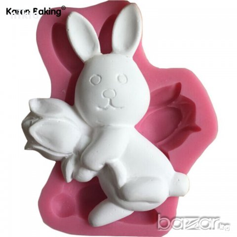 заек с лале Великденска форма силиконов молд за фондан украса торта декорация мъфини