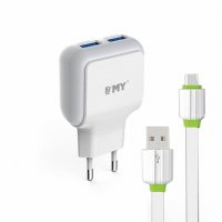 Мрежово зарядно EMY за мобилен телефон с кабел MICRO USB и 2 изхода за USB 5V 2,4A