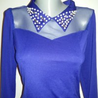  дамска блуза с перли на яката синя, снимка 5 - Блузи с дълъг ръкав и пуловери - 23366534