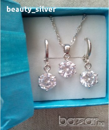 Сребърен стерлинги комплект обеци и колие малък Диамант, код 0527, снимка 1