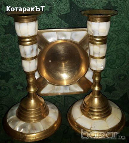 Свещници и Пепелник - Масивен Месинг със Седеф! ЛОТ - 3 бр., снимка 2 - Декорация за дома - 17682370