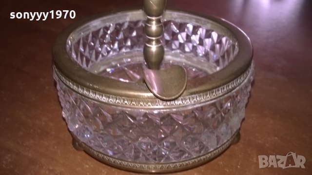 АНТИКА кристал и месинг-ретро пепелник за колекция-14х10см--внос франция, снимка 4 - Антикварни и старинни предмети - 23586731