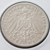 3 марки 1909 F Вюртемберг Германия Рядка Сребърна монета, снимка 2 - Нумизматика и бонистика - 20740368