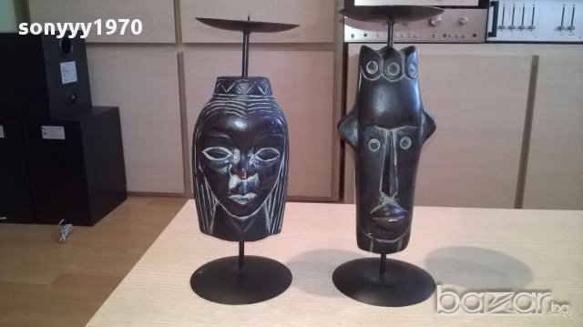 Африкански свещници-2бр дърво/метал 28х10см-внос швеицария