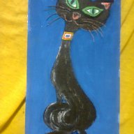 картина черна котка темперни бои, снимка 1 - Картини - 13263273