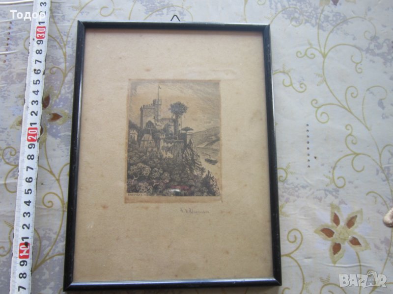 Стара картина офорт графика подписана 19 век, снимка 1