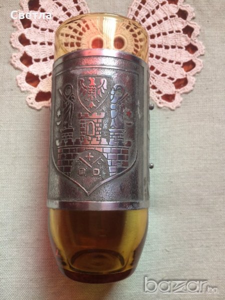 Чаша Стъклена с метален обков, с герба на гр.Познан, Полша, снимка 1