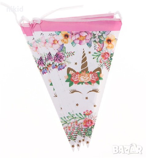 Unicorn Еднорог бял фон 10 бр Парти Гирлянд Знаменца Флаг Банер, снимка 1