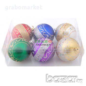 Комплект от 6 бр. цветни топки за окачване на елха, декорирани с брокат. Изработени от PVC материал.