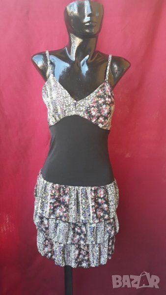 Къса черно-шарена рокля шифон/полиестер М, снимка 1