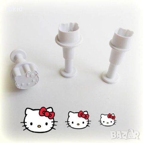 3 бр Коте Кити Hello Kitty мини пластмасови резци с бутало релефни форми за тесто фондан украса, снимка 1 - Форми - 24961476