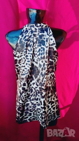 Сатенен потник леопардов принт с връзки на шията Л, снимка 2 - Потници - 22452371