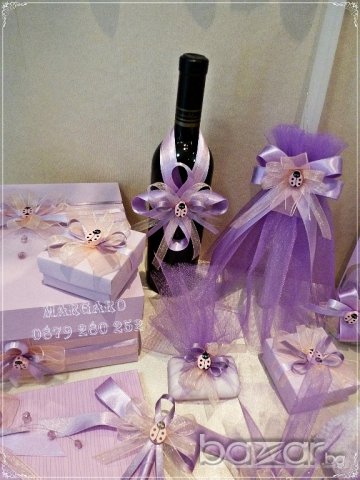 Комплект за кръщене в лилаво и цвят праскова с калинки, снимка 2 - Подаръци за кръщене - 17097066