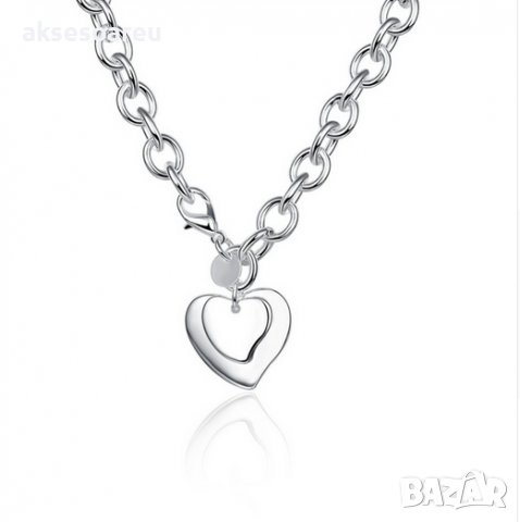Посребрено бижу двойно сърце с дебела верига огърлица, колие, снимка 7 - Колиета, медальони, синджири - 20138615