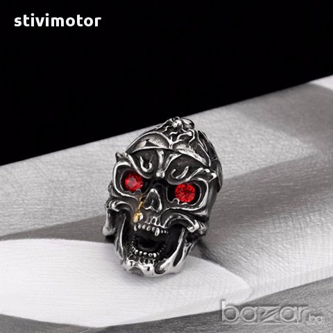 Пръстен мъжки стомана череп+камъни,., снимка 5 - Пръстени - 17793256