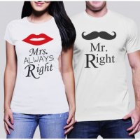 КОМПЛЕКТ ТЕНИСКИ ЗА ВЛЮБЕНИ MR RIGHT MRS - MRS ALWAYS RIGHT, снимка 1 - Тениски - 18902401