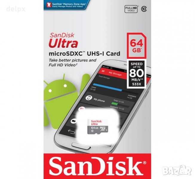 MicroSD карта памет клас 10 SANDISK без адаптер 64GB, снимка 1
