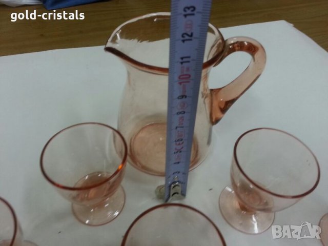 стари стъклени чаши и кана за ракия розово стъкло, снимка 4 - Антикварни и старинни предмети - 25134680