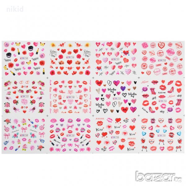 сърца устни love kiss 12 в 1 лист слайдер татос водни стикери маникюр нокти декорация, снимка 1