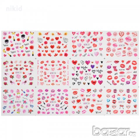 сърца устни love kiss 12 в 1 лист слайдер татос водни стикери маникюр нокти декорация