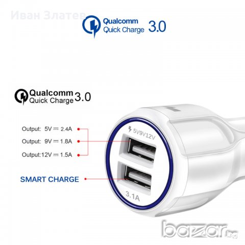 12 - 24V 18W бързо зарядно Quick Charge 3.0 / QC 3.0 за GSM / смартфон , снимка 1 - Оригинални зарядни - 21106649