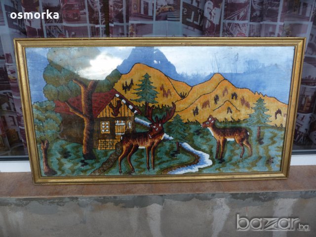 Картина горска тематика елени хижа къща с конци гоблен ретро, снимка 2 - Гоблени - 20269386