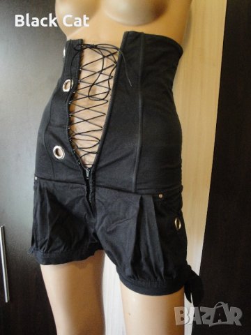 Нов черен къс дамски гащеризон с връзки (тип корсет), къси панталонки, панталони, панталон, блуза, снимка 2 - Гащеризони - 13970641