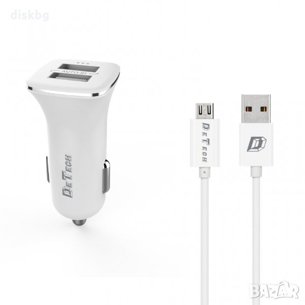 Ново зарядно за кола от 12-24V на 2 USB, 2.4A DeTech + Кабел Micro USB , снимка 1