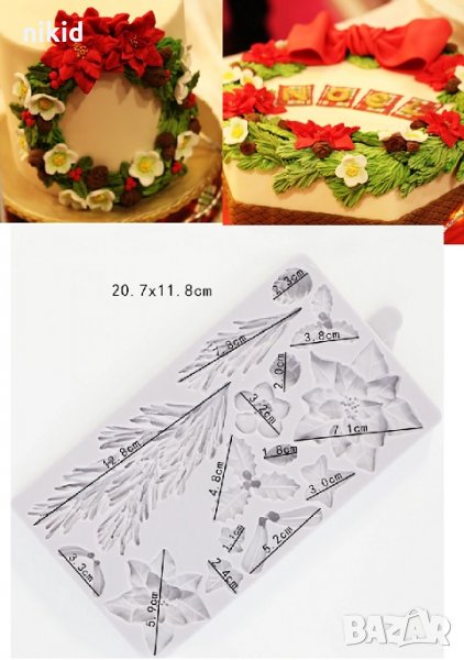 Огромен Коледен Венец звезда листа клони силиконов молд украса торта фондан тесто декор, снимка 1