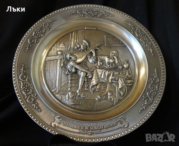 WMF чиния,пано от калай с релефна картина Лютнист. , снимка 3 - Антикварни и старинни предмети - 25843370