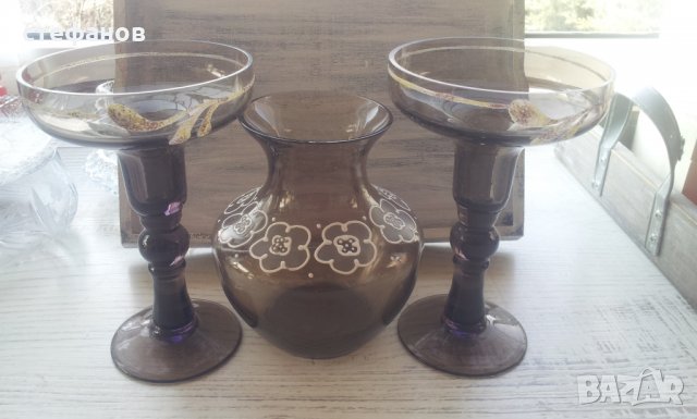 Два стъклени свещника и вазичка калиево стъкло серия, снимка 5 - Други - 24549426