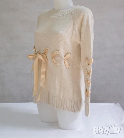 Бежов дамски плетен пуловер марка Fobya L, снимка 2 - Блузи с дълъг ръкав и пуловери - 23241883