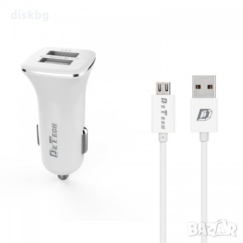 Ново зарядно за кола от 12-24V на 2 USB, 2.4A DeTech + Кабел Micro USB 