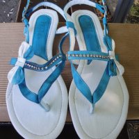 Нови кокетни синьо-бели кожени дамски сандали / летни обувки "Free Sun", естествена кожа, чехли, снимка 3 - Сандали - 18759237