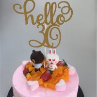 Hello 30 години Честит Рожден ден ЧРД златист брокат мек топер с клечка за торта, снимка 3 - Други - 21513726