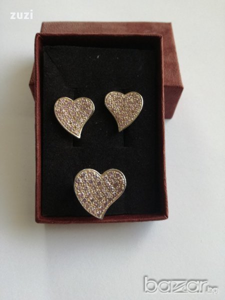 Сребърен комплект ,  сърца с розови  цирконий - пръстен и обеци  - сребро проба 925 , снимка 1
