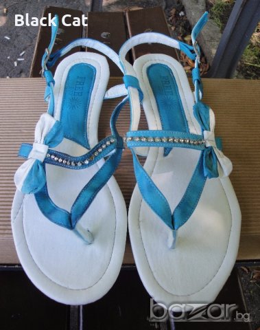 Нови кокетни синьо-бели кожени дамски сандали / летни обувки "Free Sun", естествена кожа, чехли, снимка 3 - Сандали - 18759237