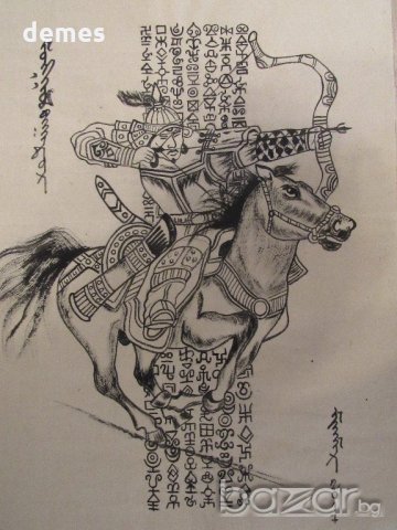 Картина Чингиз хан на кон върху оризова хартия от Монголия, снимка 2 - Колекции - 20252981
