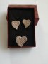 Сребърен комплект ,  сърца с розови  цирконий - пръстен и обеци  - сребро проба 925 