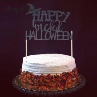 Happy Lucked Halloween Хелоуин черен мек топер клечки за мъфини торта декорация и украса парти, снимка 1 - Други - 21621204