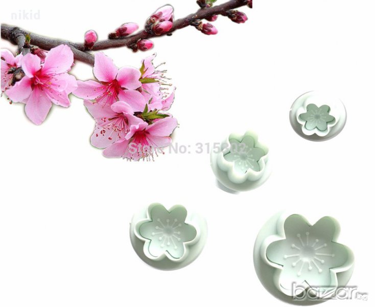 4 бр цветчета цвете вишнев цвят с тичинки форми с бутало резец за украса торта фондан резец форма, снимка 1