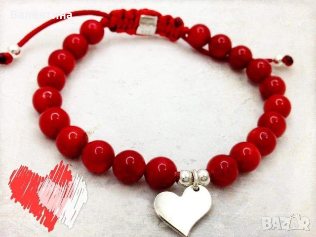  Дамска гривна от червен корал и 925 сребърни елементи и сребърно сърце+ ПОДАРЪК, снимка 1