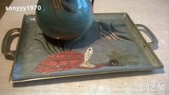 поднос+кана с риби и костенурки-мед/месинг-внос швеицария, снимка 5 - Антикварни и старинни предмети - 22980169