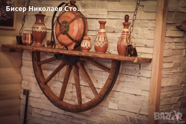 Рафт- етажерка от автентично колело на каруца!!!, снимка 3 - Декорация за дома - 10897306