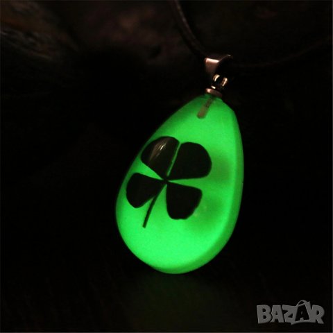 💫☘️ Светеща Детелина Кожено Колие - Луминисцентна Детелина на верижка. , снимка 2 - Колиета, медальони, синджири - 23631396